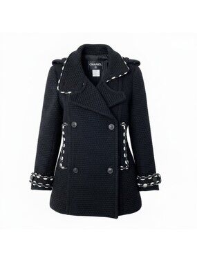 Chanel C Vintage Tweed Knit Peacoat CC Logo 36 Sizes Black Wool
